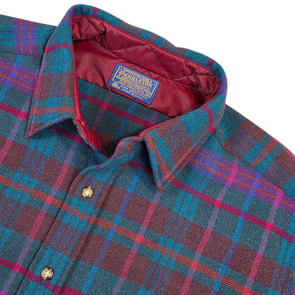 Vintage 80s Pendleton Wool Plaid Flannel Shirt Mens XL Teal Purple USA Made